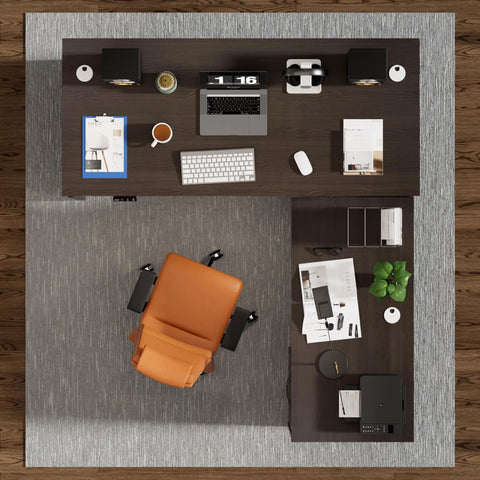 Upgrade Your Daily Grind With This Premium Executive Standing Desk Featuring Smooth Dual Electric Motors Four Memory Presets And Secure Storage L Shaped Khalba Oak Design with workspace top view.