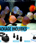 Package includes for Ultra Quiet 400GPH Submersible Pump 25W High Efficiency Water Pump with nozzles and manual