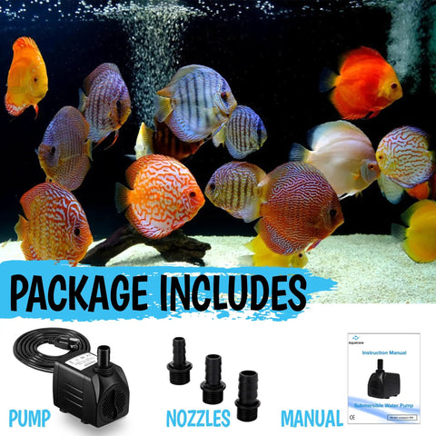 Package includes for Ultra Quiet 400GPH Submersible Pump 25W High Efficiency Water Pump with nozzles and manual