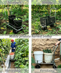 Heavy Duty Foldable Garden Harvest Cart With Guardrails, 440 Pound Capacity, Waterproof Galvanized Iron Frame, Rugged Garden Utility Cart For Farms, Orchards, And Backyard Chores, shown with buckets and crate