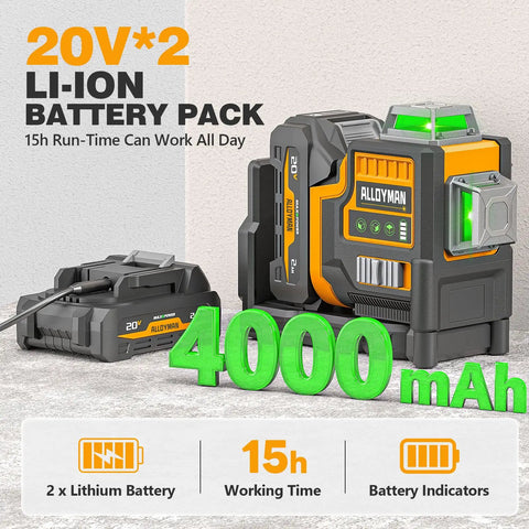 20V Laser Level With Tripod And Pro Grade Magnetic Bracket, 3x360 Degree Self Leveling Beams, 3D Leveler Tool For Construction And Picture Hanging, Hard Carry Case, Easy Setup For Precision 2mm At 10m. 20V*2 Li-ion battery pack with 4000mAh capacity