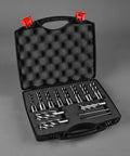 Open case displaying 13-piece annular cutter set with Weldon shanks and two pilot pins.