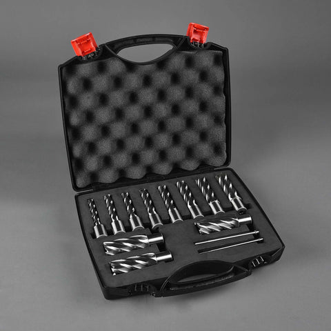 Open case displaying 13-piece annular cutter set with Weldon shanks and two pilot pins.