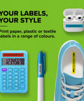 Totally Slick Bluetooth Label Maker With Free Mobile App Control, Super Handy Portable Printer For Quick Desk Organizing, Syncs Easily With Ios And Android, Includes One White Paper Tape Roll, Fresh Daydream Blue Finish on blue calculator, pen, shoe with labels.