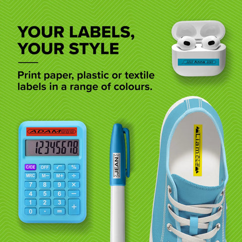 Totally Slick Bluetooth Label Maker With Free Mobile App Control, Super Handy Portable Printer For Quick Desk Organizing, Syncs Easily With Ios And Android, Includes One White Paper Tape Roll, Fresh Daydream Blue Finish on blue calculator, pen, shoe with labels.