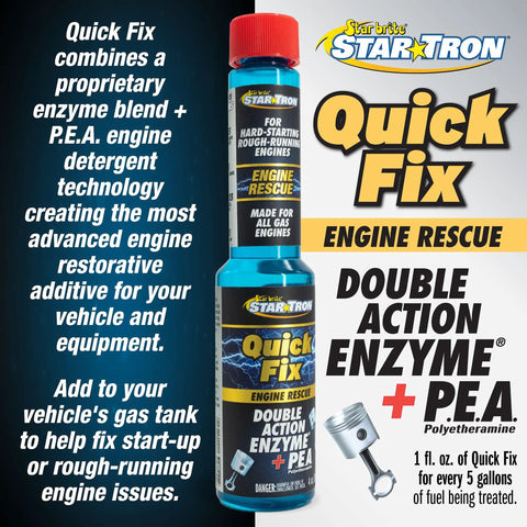 Straight Up Gas Tank Treatment For Deep Fuel System And Injector Cleaning Engine Rescue Formula in a blue bottle with red cap.