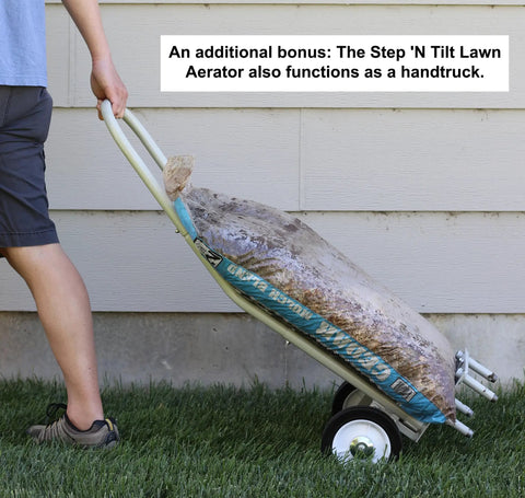 Person using Core Lawn Aerator Version 4 Kit With 3.4 Inch Standard Length Coring Tines And Soil Core Container as a hand truck