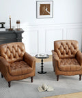 Faux Leather Accent Chairs Set Of 2 For Living Room And Bedroom - Comfy Club Armchairs With Button Tufting, Brown Upholstery