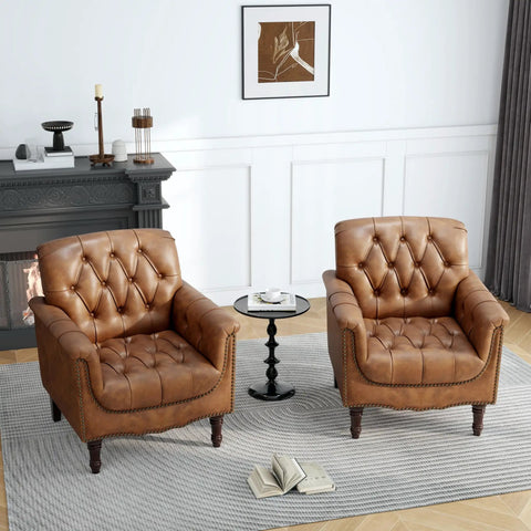 Faux Leather Accent Chairs Set Of 2 For Living Room And Bedroom - Comfy Club Armchairs With Button Tufting, Brown Upholstery