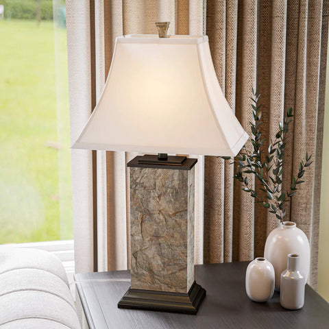 Dope Rustic Slate Table Lamp With Natural Green Slate Finish, Bronze Base, Cream Faux Suede Tapered Shade on bedside table
