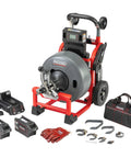 Professional 5/8 Inch Brushless Cordless Drain Cleaning Machine With Quick Swap Drum Module, includes battery, charger, and accessories.