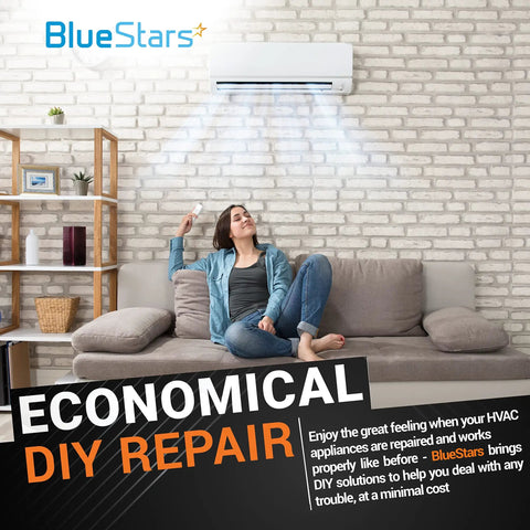 Woman relaxing on a sofa under an air conditioner, BlueStars logo, ad for economical DIY repair solution