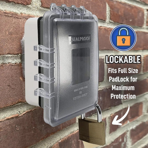 Lockable Weatherproof 1 Gang Outdoor Outlet Cover With Slim Low Profile Design, Plastic Construction, mounted with padlock