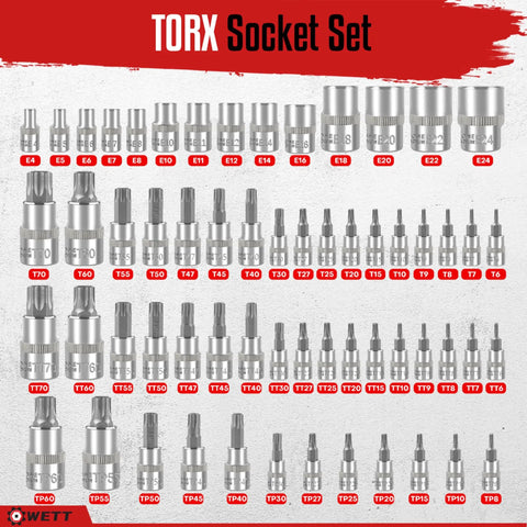 Image of a detailed Torx socket set displayed in various sizes, labeled E4 to TP8, suitable for diverse mechanical tasks.