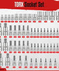 Image of Master Torx Bit And External Torx Socket Set 60 Piece Drive containing various sizes labeled E4 to E24, TT6 to TT70.