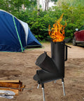 Portable Wood Burning Rocket Stove For Camping And Outdoors With Fire Poker Ideal For Survival Gear Backyard Cooking Camp Grilling And Outdoor Events Any Weather shown in a campsite.