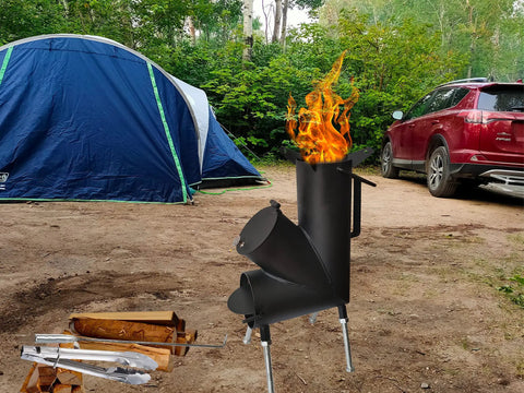 Portable Wood Burning Rocket Stove For Camping And Outdoors With Fire Poker Ideal For Survival Gear Backyard Cooking Camp Grilling And Outdoor Events Any Weather shown in a campsite.