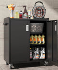 Heavy Duty Rolling Storage Cabinet For Garage And Shop, Two Door Metal Cabinet With Two Adjustable Shelves, Lockable Wheels And Locking Doors, 35 Inch Tall Large Capacity Tool Chest In Black, open with tools