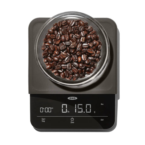 Precision Coffee Scale With Built In Timer For Pour Over, 6 Pound Capacity, coffee beans displayed on digital screen