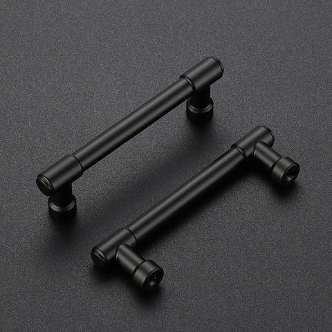 Heavy Duty Matte Black Kitchen Cabinet Pulls And Drawer Handles With 3.5 Inch Center To Center Spacing Top Shelf Zinc Alloy Hardware Slick Modern Finish 10 Pack, two black handles display.