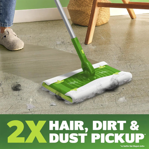 Hair Magnet Deluxe Starter Kit With Collapsible Pole And 9 Dry Cloths Plus 2 Bonus Mop And Go Wet Cloths For Quick Cleanups Hair And Dust Pickup And Pet Fur Removal in action on a hardwood floor
