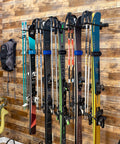 Heavy Duty Wall Mount Ski Storage Rack Designed To Hang Ten Pairs Of Skis And Poles With A Tough Three Hundred Pound Weight Capacity For All Your Gnarly Daytime Runs, showcasing skis and poles organized.