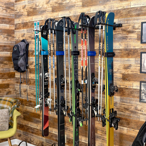 Heavy Duty Wall Mount Ski Storage Rack Designed To Hang Ten Pairs Of Skis And Poles With A Tough Three Hundred Pound Weight Capacity For All Your Gnarly Daytime Runs, showcasing skis and poles organized.