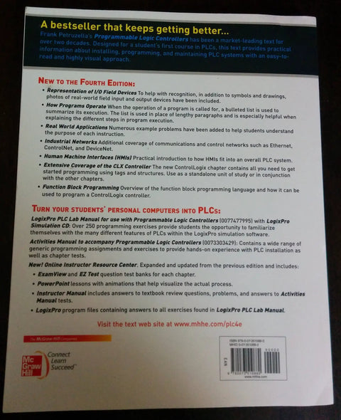 Back cover of 'Intro To Programmable Logic Controllers A Practical Hands On Guide To PLC Programming Installation And Maintenance For Real World Automation Projects Today', featuring text and features of the 4th edition.