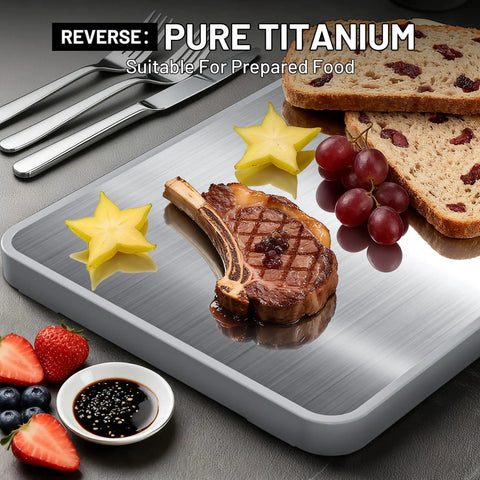 Two In One Titanium And Ebony Wood Cutting Board With Handle And Juice Groove showing steak and fruits on titanium surface