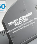 Close-up of Electric Desktop 2 To 3 Hole Punch With 30 Sheet Capacity, showing adjustable paper guide and gray finish.