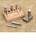 Heavy Duty Steel 8 Hole Dapping Block And 8 Matching Punch Set with wooden stand and size marked handles for jewelry making.