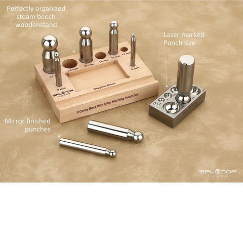 Heavy Duty Steel 8 Hole Dapping Block And 8 Matching Punch Set with wooden stand and size marked handles for jewelry making.