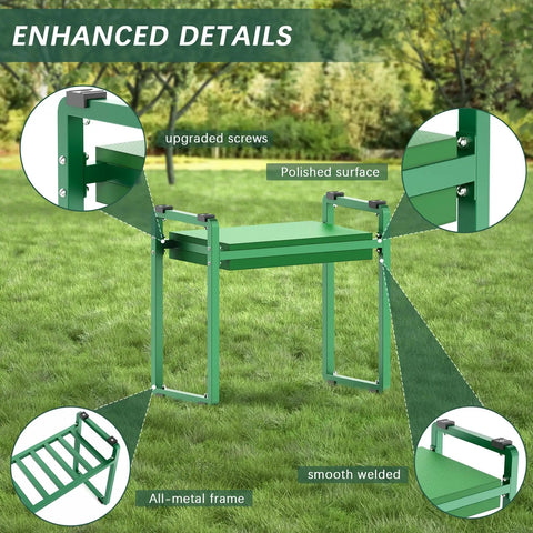Wide Garden Kneeler and Seat With 2.36 Inch Thick EVA Cushion Heavy Duty Kneeling Bench, metal frame in lawn setting with details.
