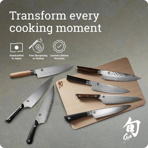 Assorted Shun knives on wooden board, promoting Premier 3 Inch Vegetable Knife With VG MAX Core And Damascus Stainless Steel Cladding Pakkawood Handle For Peeling And Coring A Small Tool For Precise Cutting In The Kitchen