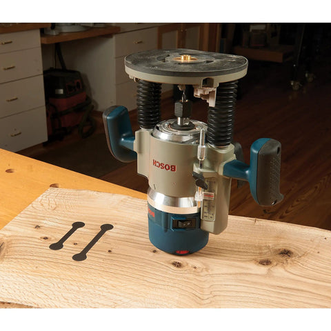 Rock Solid Dual Stitch Router Inlay Clear Block Thick Acrylic Jig Made For Plunge Routers Using 1/8 Bit Sizes To Nail Precision Woodworking Layouts And Fit Tight on a wooden table with a Bosch router.