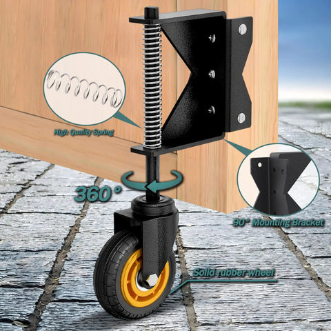 4 Inch Gate Wheel With Spring Loaded Absorbing Solid Rubber Tire For Wooden Fence Gates 260 Lbs Capacity No Tools Needed