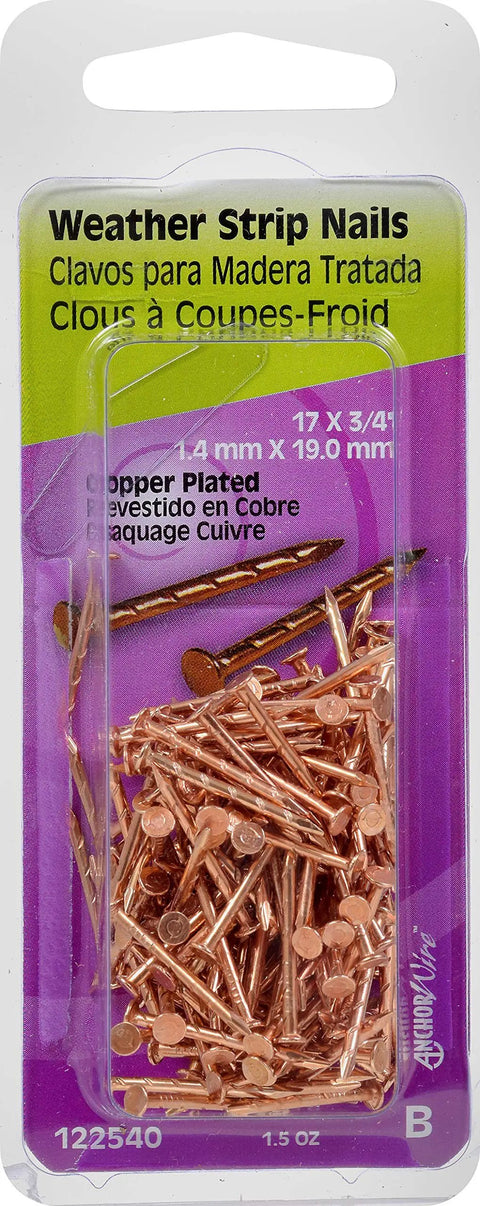 Copper Plated Weather Stripping Nails 17 Gauge X Three Quarter Inch solid fasteners in a clear packaging for door and window seals.
