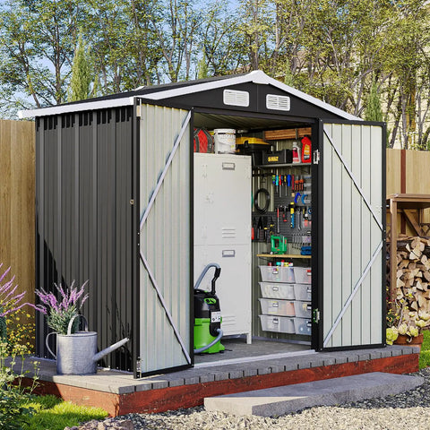 Beefy 6x4 Ft Outdoor Storage Shed For Metal Garden Tools With Sloped Roof And Lockable Door, shown in a backyard setting