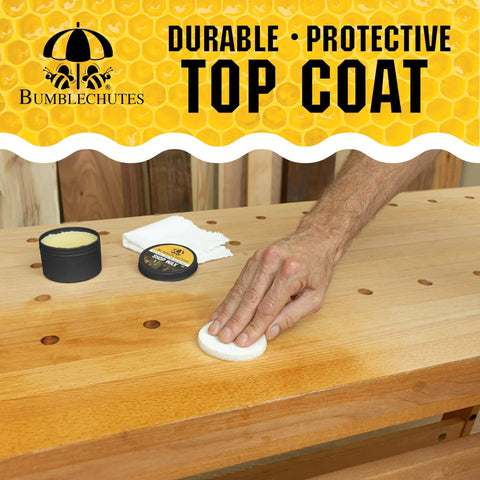 Hand applying All Purpose Shop Wax Finish Paste With Carnauba Beeswax For Metal Wood Epoxy Plastic Leather And More on a wood surface