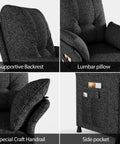 Power Recliner Chair With Heat And Massage, Linen Electric Recliner Sofa With Remote, 180 Degree Lay Flat, 3 Side Pockets, Dark Grey