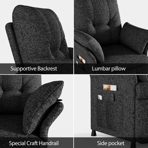 Power Recliner Chair With Heat And Massage, Linen Electric Recliner Sofa With Remote, 180 Degree Lay Flat, 3 Side Pockets, Dark Grey