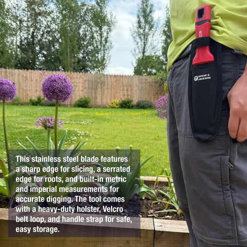 Person wearing holstered Razorsharp Hori Hori Multi Tool All In One Stainless Steel Blade For Digging Weeding Cutting Planting And Measuring Includes Holster And Belt Loop Serrated And Straight Edges Depth Markings in garden