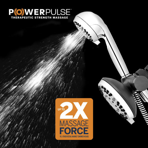 High Pressure 2 In 1 Shower Head System With Handheld Spray And 5 Foot Hose in action, PowerPulse massage, chrome finish