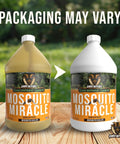 Miracle Outdoor Mosquito Spray For Yard Pet Safe Concentrate packaging options on wooden table with greenery background.