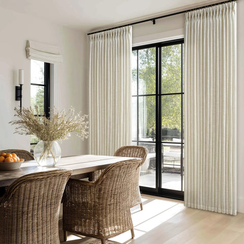 Sand Beige Linen Curtains 102 Inches Long for Living Room Two Panels 50 by 102 Inch Pinch Pleated Drape installed on patio door