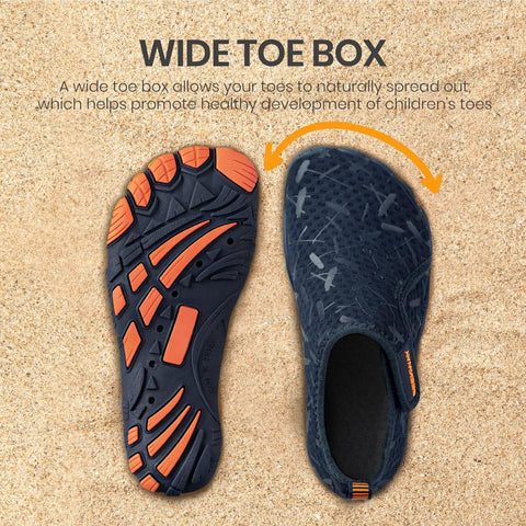 Kids Barefoot Water Shoes With Kid Friendly Wide Toe Box for Swim Beach Pool Kayak Hiking and Camping on sandy background