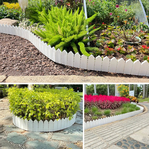 Landscape Edging Kit With 6.7 Inch Tall Wood Look Border For Flower Beds And Gardens, showing white fence and plants.