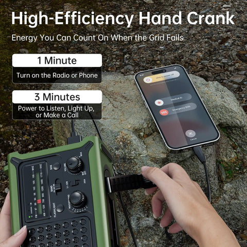 Person using hand crank on Emergency Solar Radio With Hand Crank And 12000mAh Battery Pack, NOAA AM FM Weather Radio, charging phone