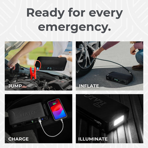All In One Bolt Air 58830 Portable Car Jump Starter With 100 PSI Air Compressor showing jump starting and tire inflating