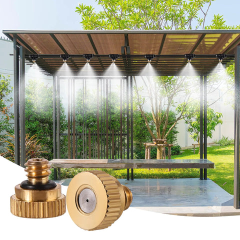 Brass Misting Nozzles Pack With O Rings 0.012 Inch Orifice 10 By 24 UNC shown installed in a patio cooling system.